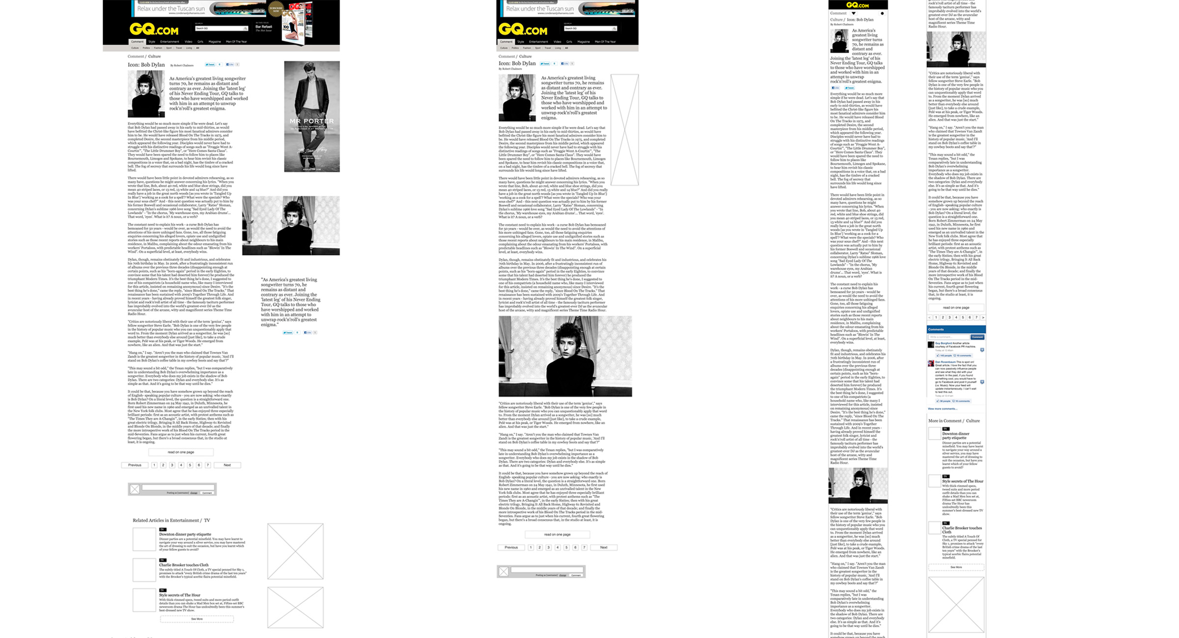 Wireframes looking at the responsive of a long form article and when media items are sticky